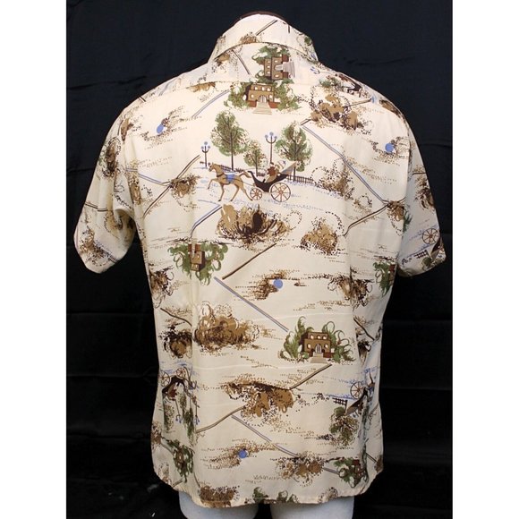 VTG 70s Jp2 Bardon Inc Men XL Beige Shirt Button Up Collared Short Sleeve Horses - Picture 5 of 10